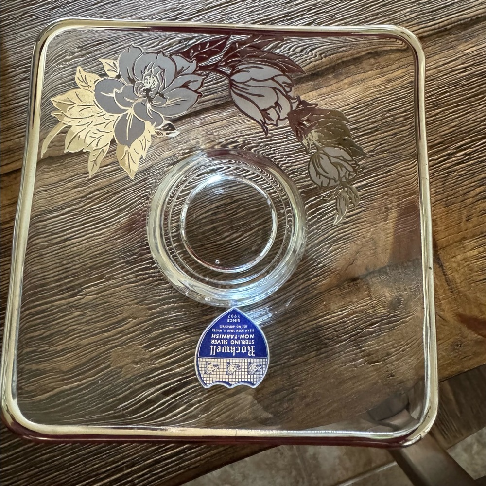 Rockwell square Glass Sterling Silver Dish Flowers MCM